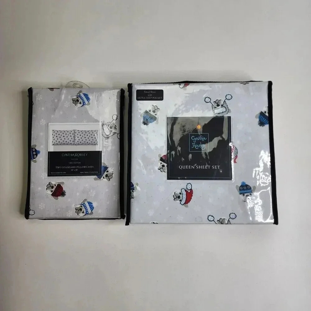 Cynthia Rowley Queen Sheet Set with Two Pillowcases Dogs Hats Winter Snow New